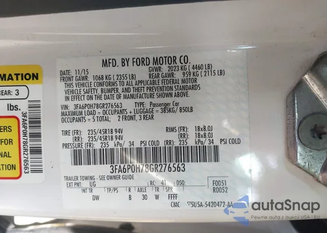 2016 Ford Fusion Se from USA, damaged, VIN 3FA6P0H78GR276563